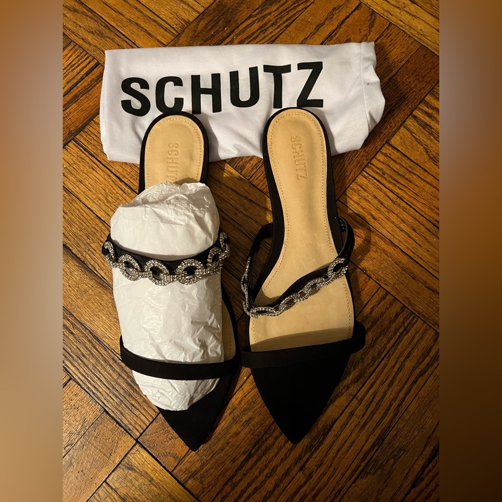 Schultz Black Nubuck rhinestones flat sandals